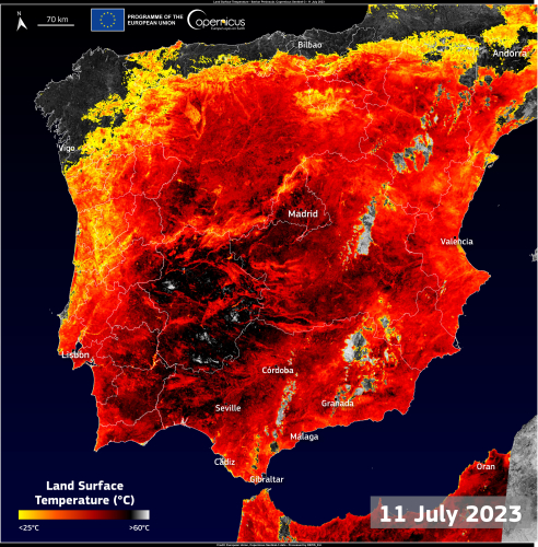 A Agência Espacial Europeia (ESA) alerta para as previsões de elevadas temperaturas na Europa neste mês de julho. As temperaturas já subiram acima dos 45 graus em várias regiões de Espanha e Itália, numa onda de calor que também atinge países menos habituados a temperaturas extremas, como a Alemanha ou a Suíça.

Em algumas regiões da Extremadura espanhola, região tradicionalmente quente e seca e que faz fronteira com Portugal, foram registadas temperaturas no solo superiores a 60 graus Celsius. No dia 11 de julho, as medições do Sea and Land Surface Temperature Radiometer (SLSTR), um

instrumento dos satélites Copernicus Sentinel-3, que permite a monitorização da temperatura global da superfície terrestre, confirmaram que a temperatura da superfície terrestre (LST) em algumas áreas de Espanha ultrapassou 60 graus.

Nos próximos dias, também em Itália são esperadas temperaturas que podem escalar para 42 graus em Roma e subir até aos 48 na Sicília e na Sardenha. Quanto a Portugal, a maioria do território tem beneficiado da proteção do anticiclone dos Açores, escapando a temperaturas extremas.

Segundo a ESA, a vaga de calor extremo que está a atingir a Europa é causada pelo anticlone Cerberus, vindo do deserto do Saara, fazendo disparar os termómetros em várias zonas da Europa Central e do Sul.

Fonte: https://www.copernicus.eu/en/media/image-day-gallery/scorching-heatwave-hits-spain


	



	
